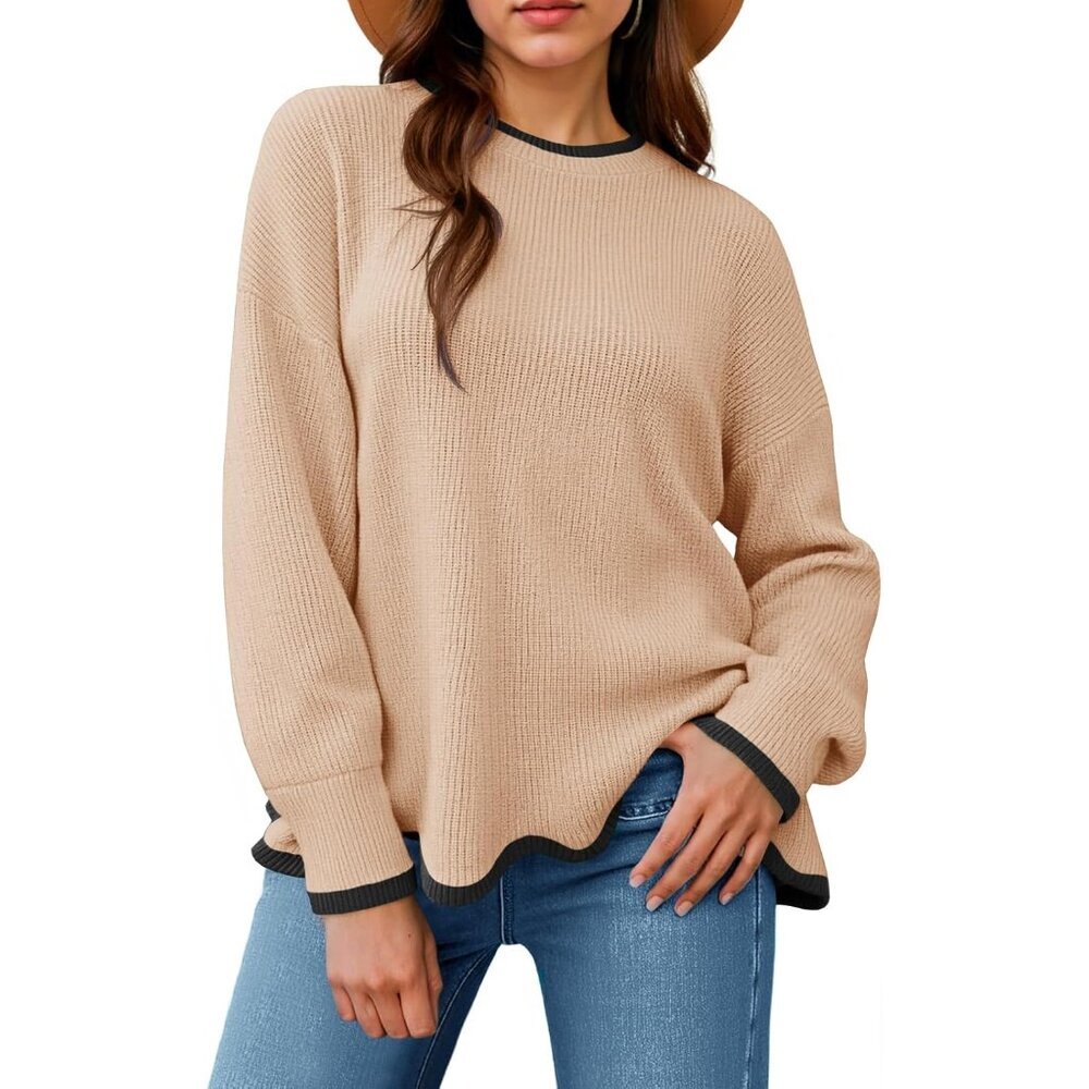 Women's Knit Sweater Crewneck Long Sleeve Fall Casual Wave Hem Top